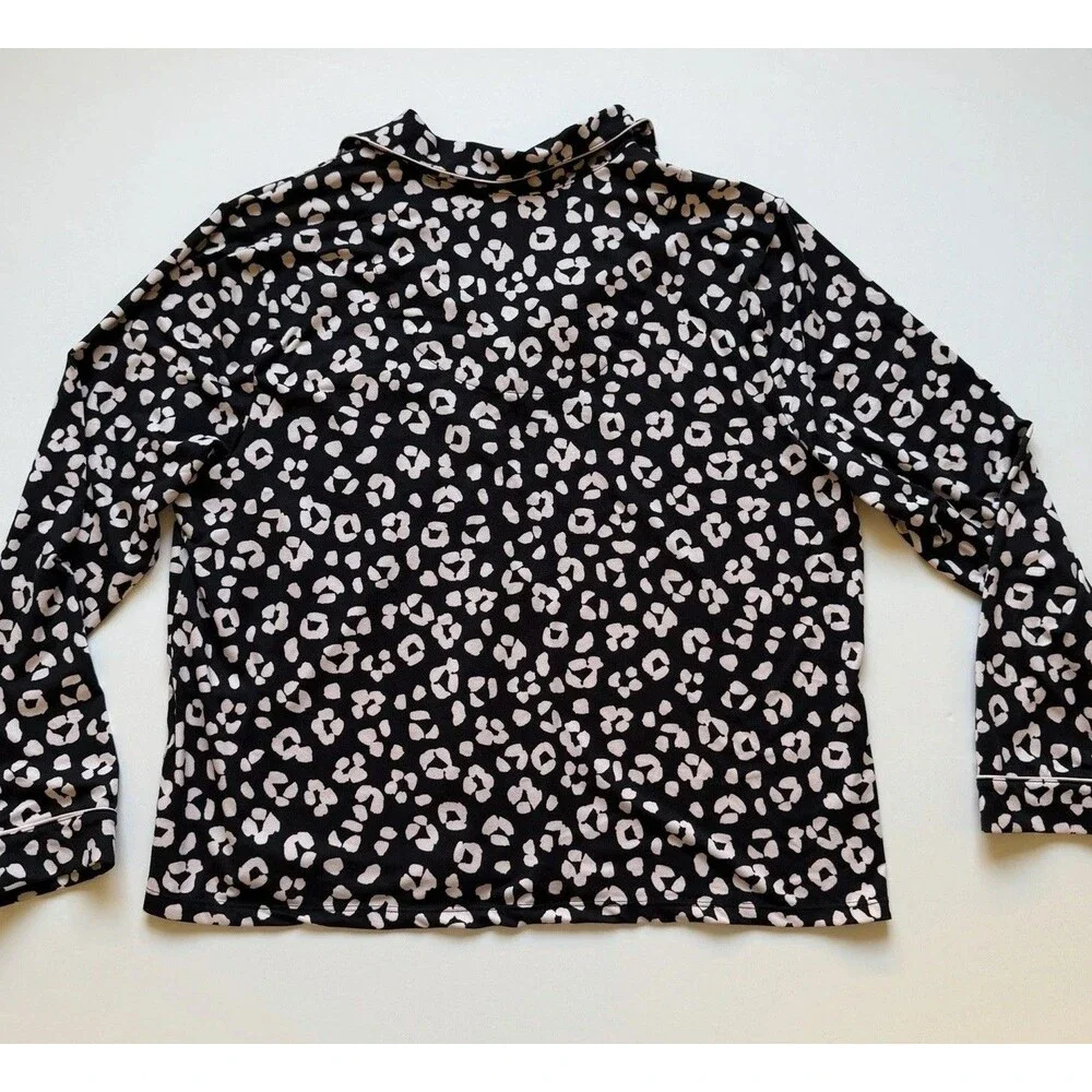 Kate Spade NY Pajama Set XL Black Pink Leopard Print 2 Pc Long Sleeve